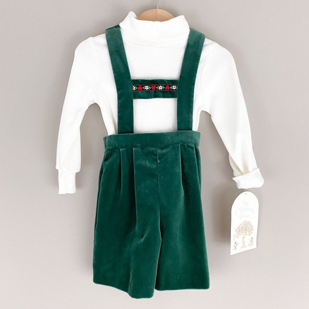 Vintage Jan Briggs Green Velvet Overall Dress Shorts White Turtleneck 2T NWT